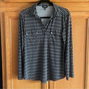 Jones New York womens Black/red/white blouse v-neck w/collar size medium